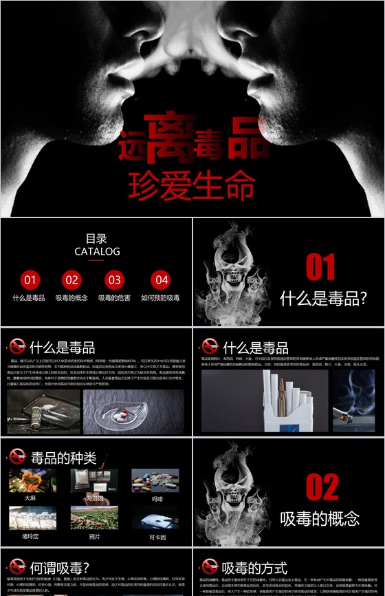 黑色大气珍爱生命远离毒品禁毒教育宣传PPT模板