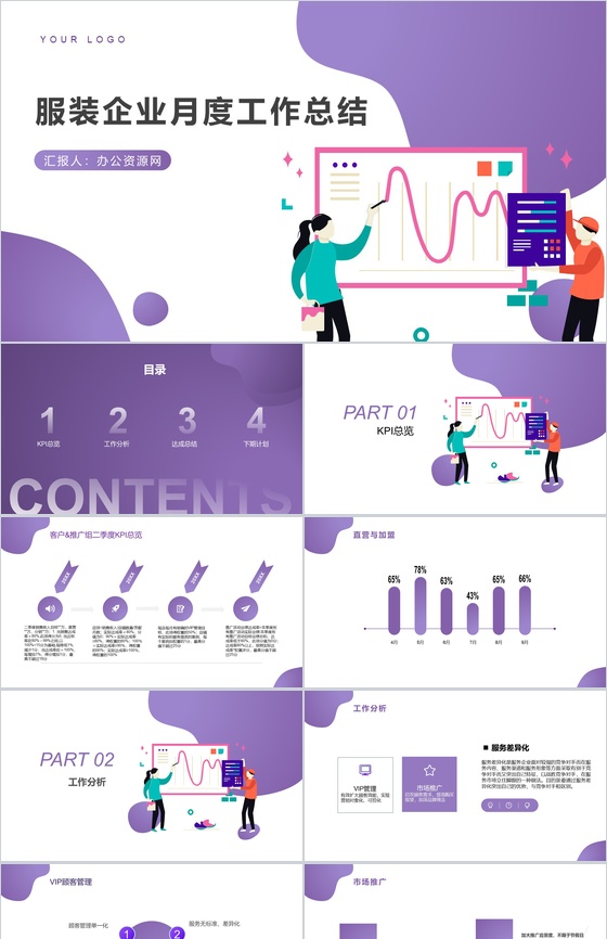 紫色简约动态服装企业月度工作总结PPT模板