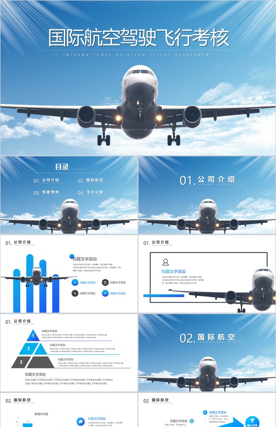蓝色简约国际航空驾驶飞行考核PPT模板