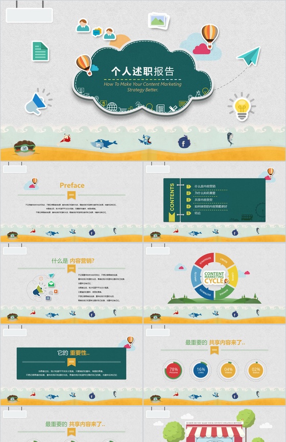 卡通动漫手绘个人述职报告PPT模板