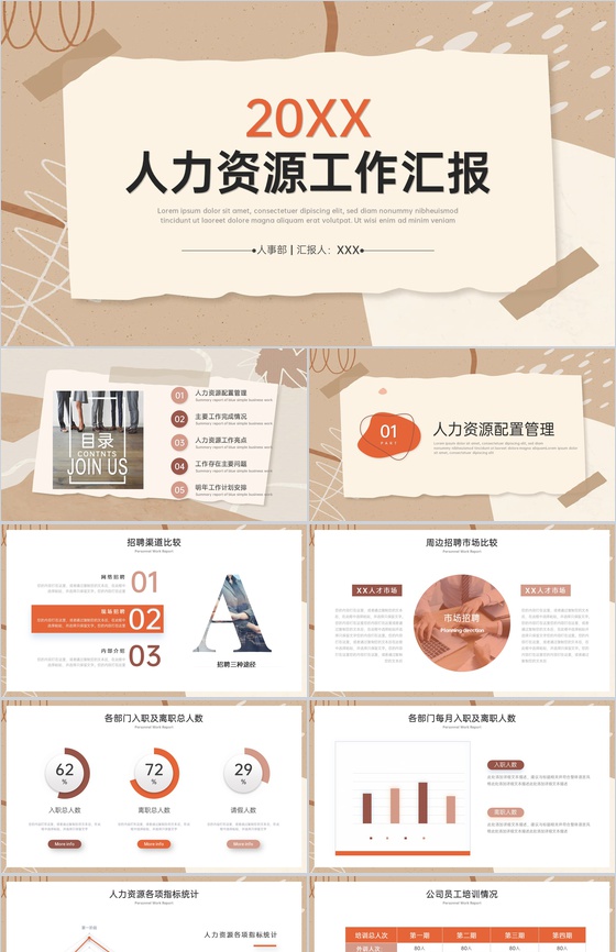 简约莫兰迪风格公司人力资源工作汇报计划总结PPT模板
