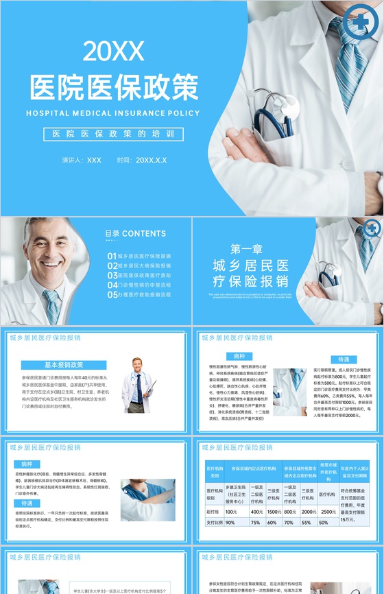 蓝色简洁医院医保政策培训医疗救助办理流程PPT模板