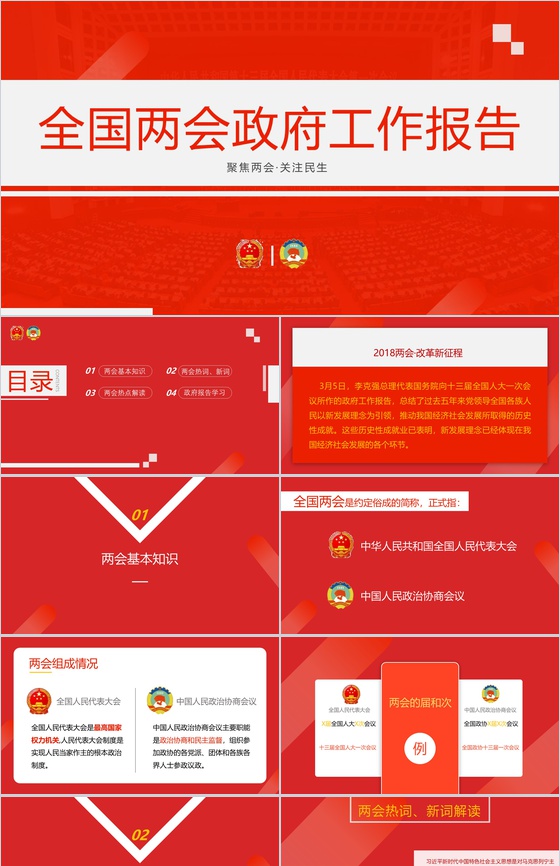 全国两会政府工作报告关注民生PPT模板