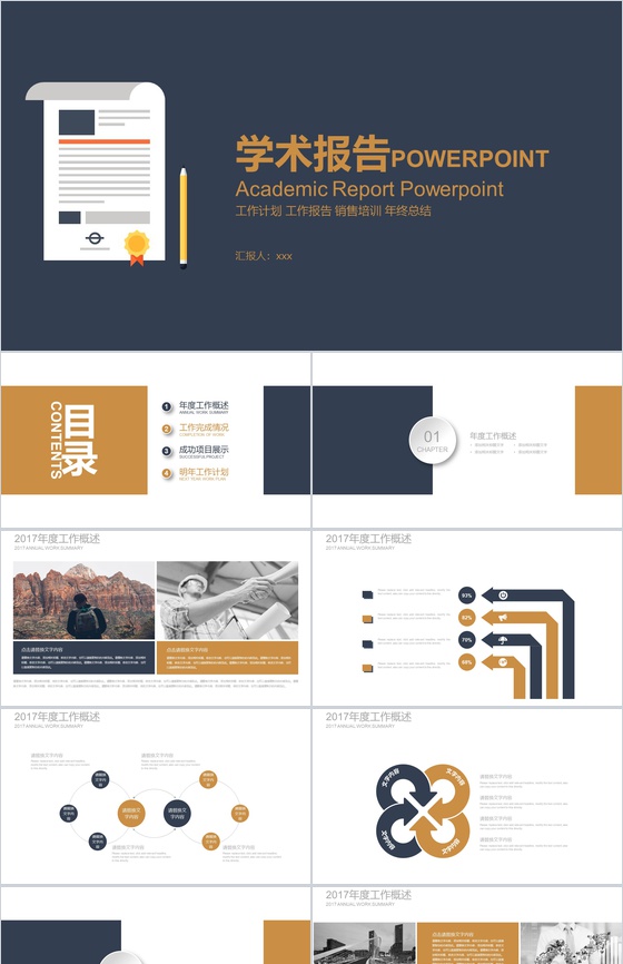 创意扁平蓝金色学术报告毕业论文答辩PPT模板