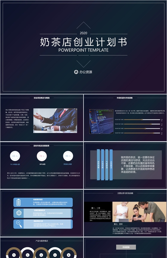 深色渐变风格开奶茶店成本预算及创业计划书PPT模板