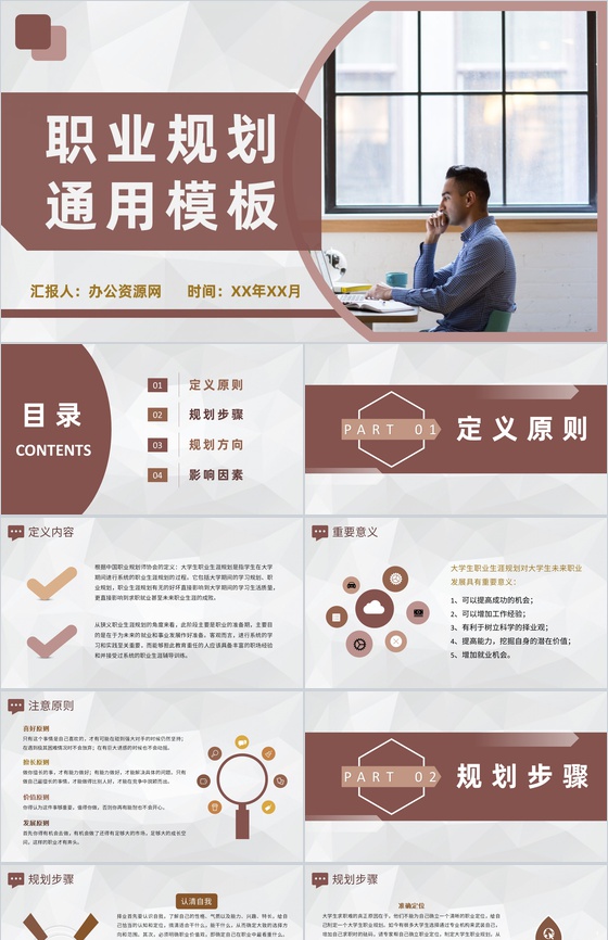 大气商务风格大学生职业生涯规划书职业分析设计范文PPT模板