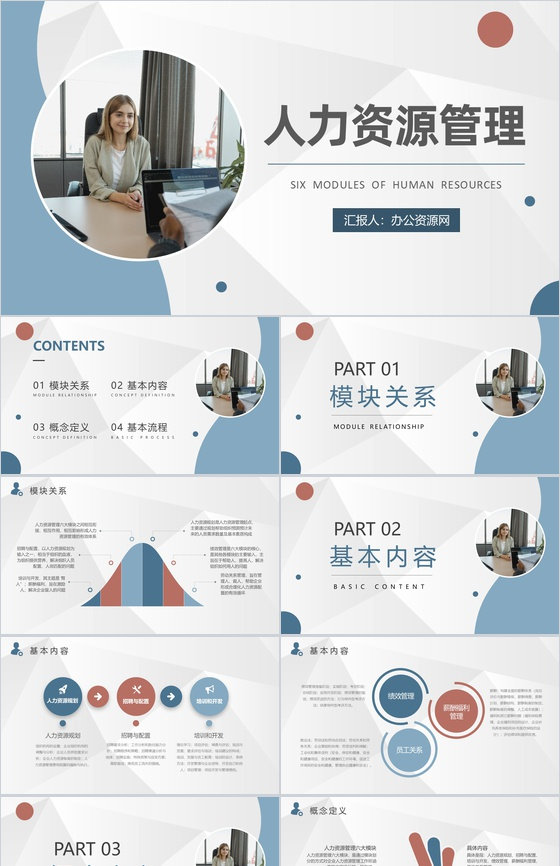 企业人力资源六大模块知识培训行政管理招聘工作总结PPT模板
