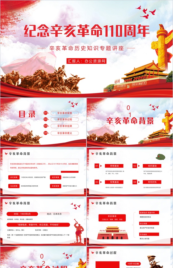 唯美中国辛亥革命110周年纪念日介绍中小学生历史知识学习培训PPT模板