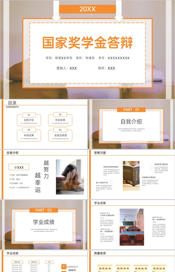 橙色简洁国家奖学金答辩学业成绩展示PPT模板