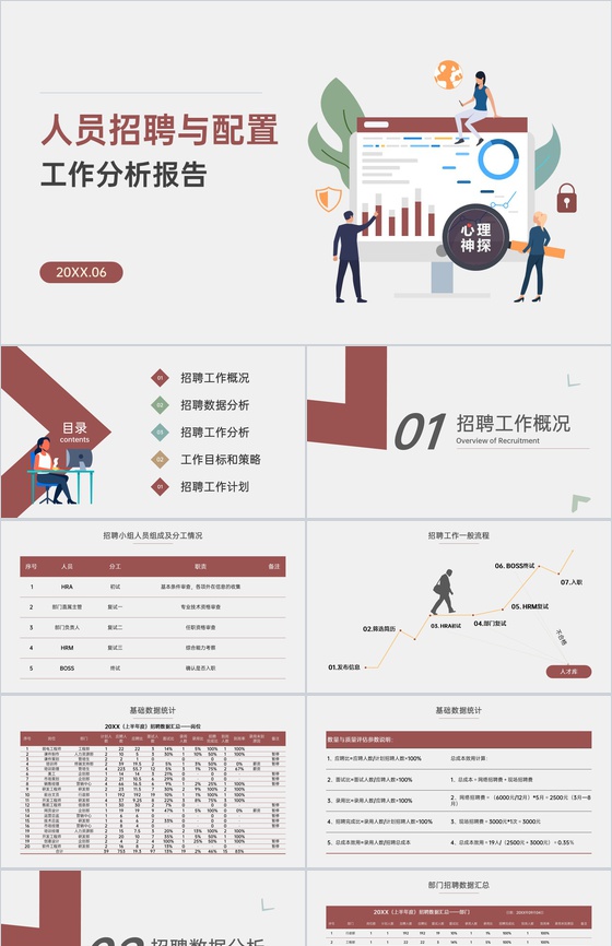 棕红扁平风人员招聘与配置工作数据化总结分析PPT模板