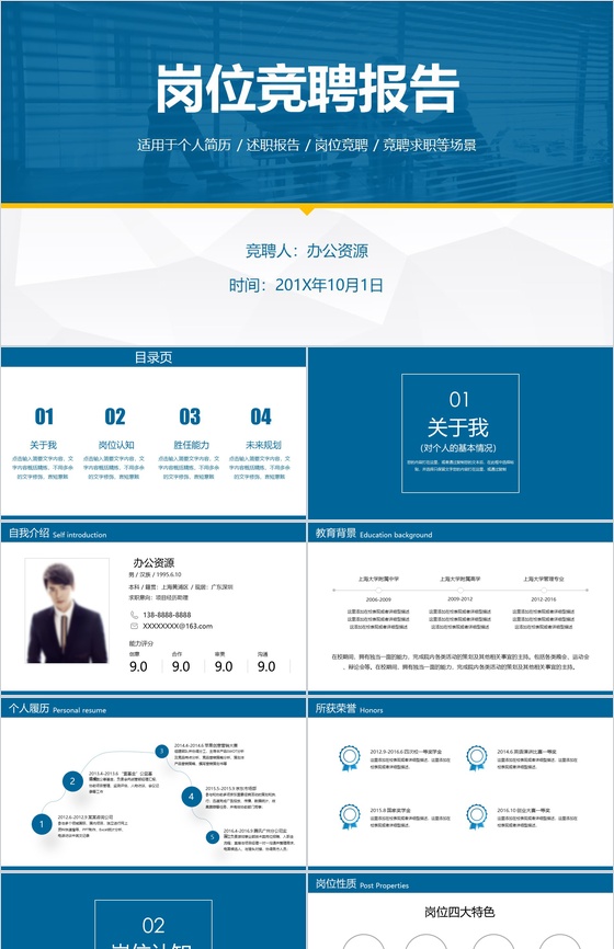 蓝色商务岗位竞聘个人简历述职报告PPT模板