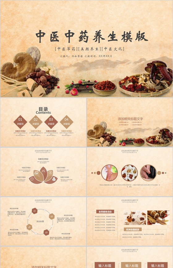 复古中医养生药材中药中医文化PPT模板