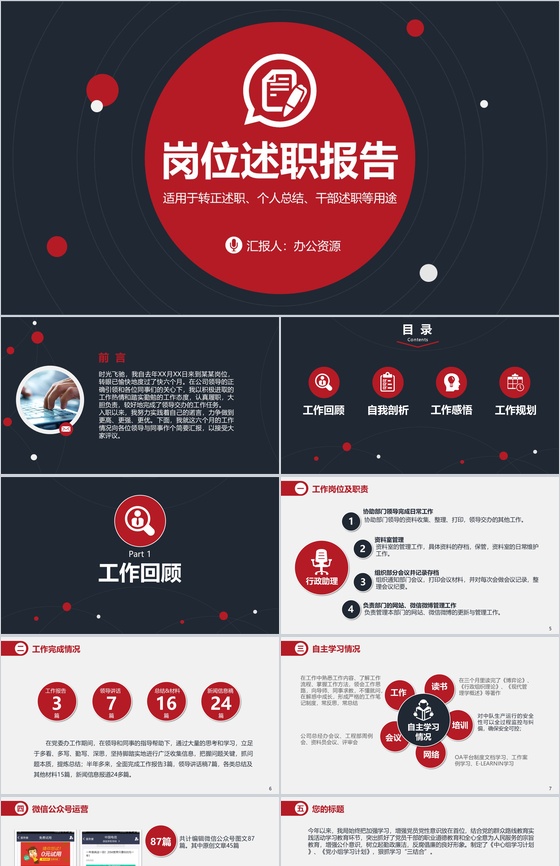 简约黑红时尚转正述职报告个人总结汇报PPT模板
