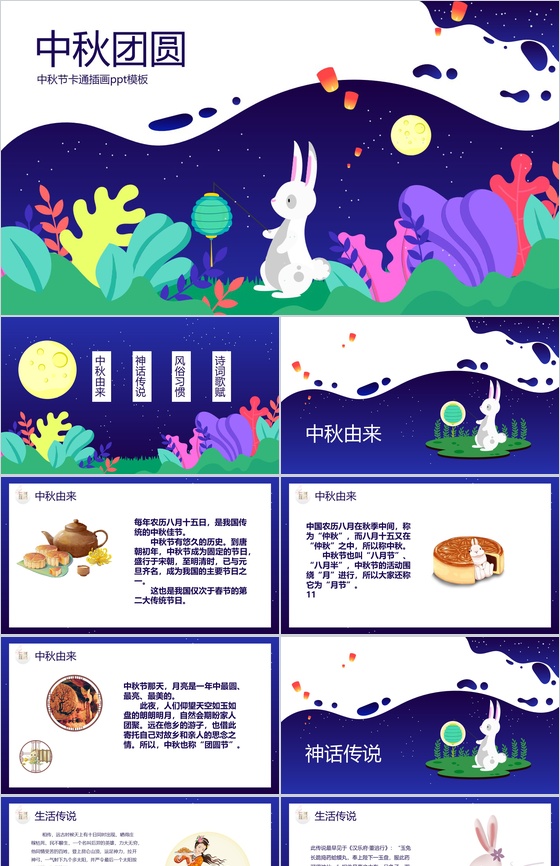 卡通插画中秋月圆主题中秋节介绍PPT模板