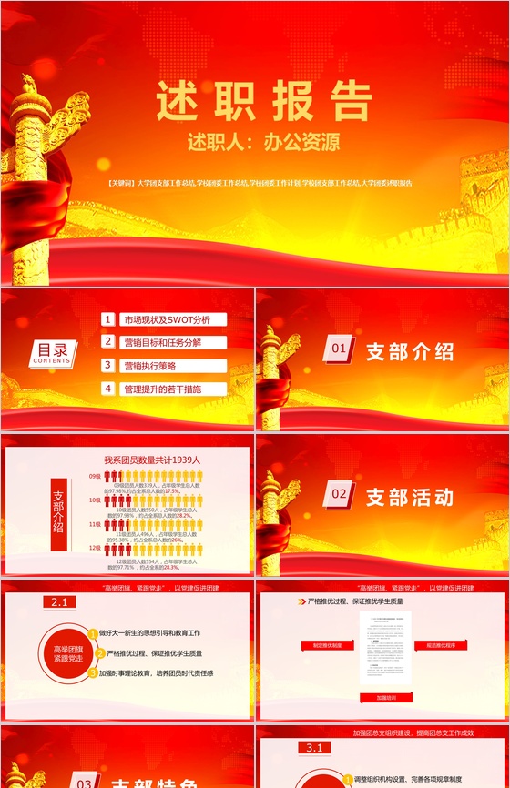 大学团支部工作总结计划述职报告PPT模板