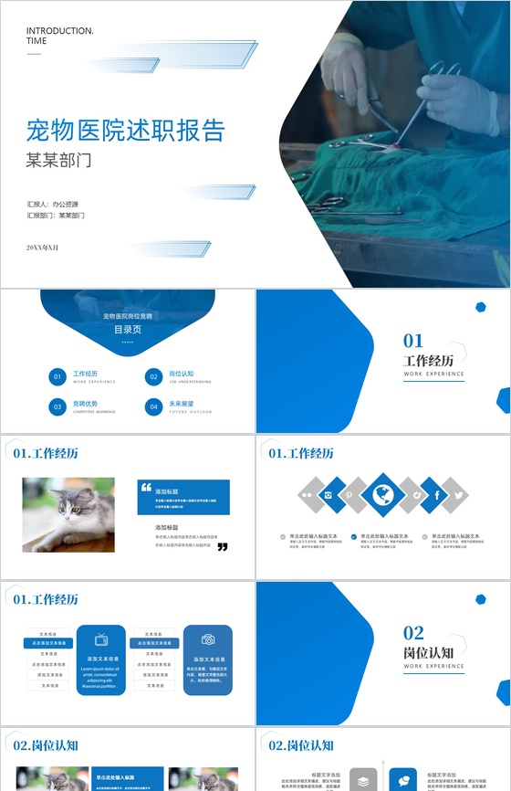 蓝白简约宠物医院述职报告PPT模板