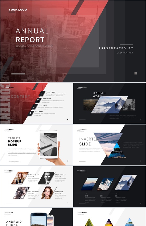 绯色高端斜排动态年终汇报PPT模板