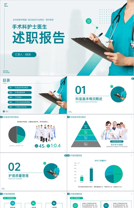 简洁绿色手术科护士医生述职报告医疗工作汇报PPT模板