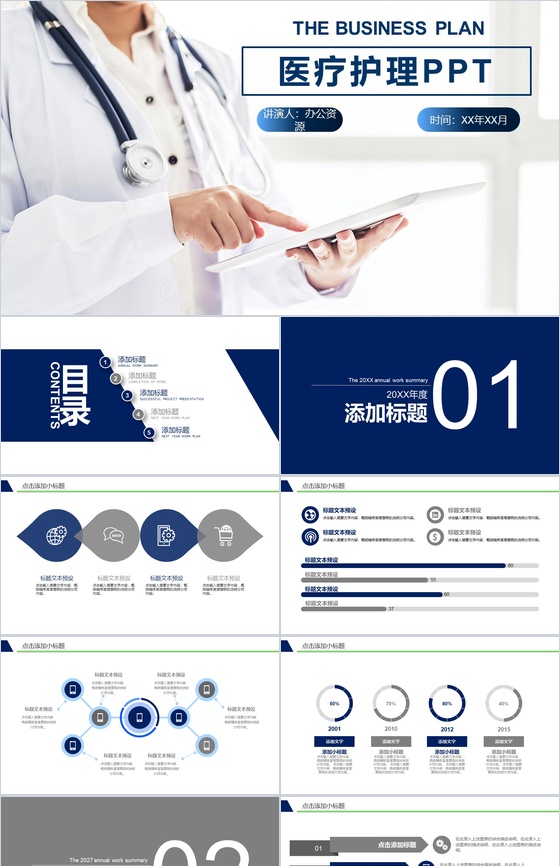 大气蓝色医药医疗护理行业工作汇报PPT模板