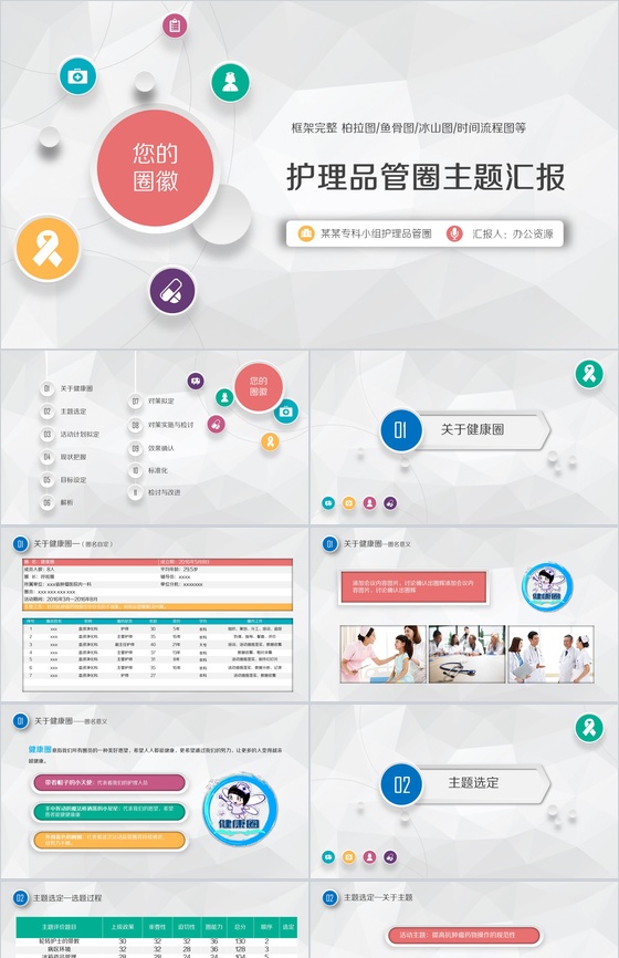 微立体大气框架完整医药护理品管圈主题汇报PPT模板