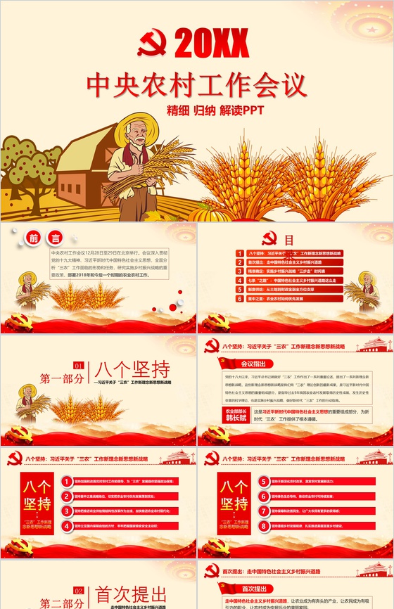 精致简约中央农村工作会议实现乡村振兴战略PPT模板