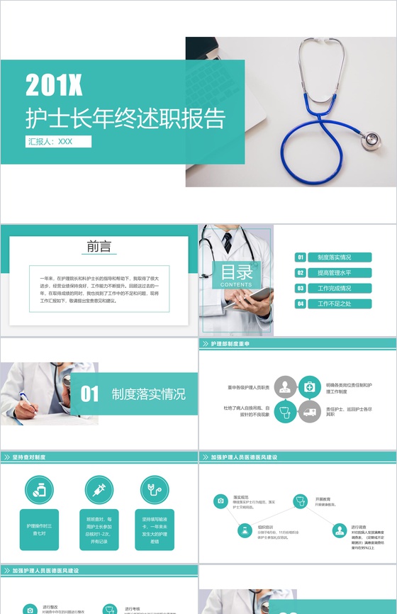绿色动态201X年护士长年终述职报告工作汇报PPT模板
